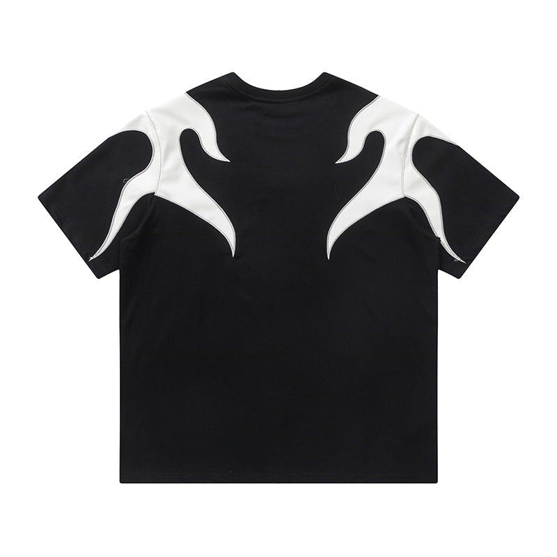 Color Block Applique Embroidery Flame Short Sleeve T-Shirt High Street Design Creative Abstract Casual Tee Men