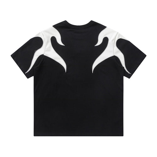 Color Block Applique Embroidery Flame Short Sleeve T-Shirt High Street Design Creative Abstract Casual Tee Men