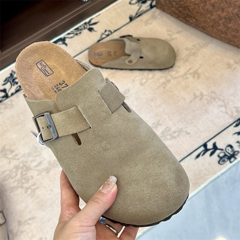 Boken shoes genuine leather with cork and increased height thick soled slippers