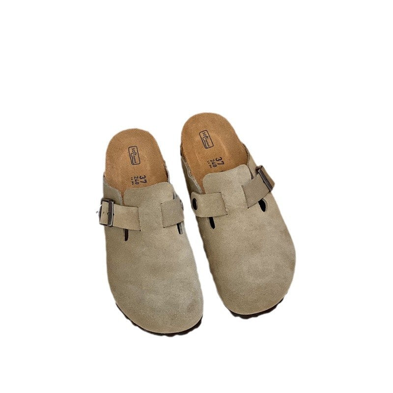 Boken shoes genuine leather with cork and increased height thick soled slippers