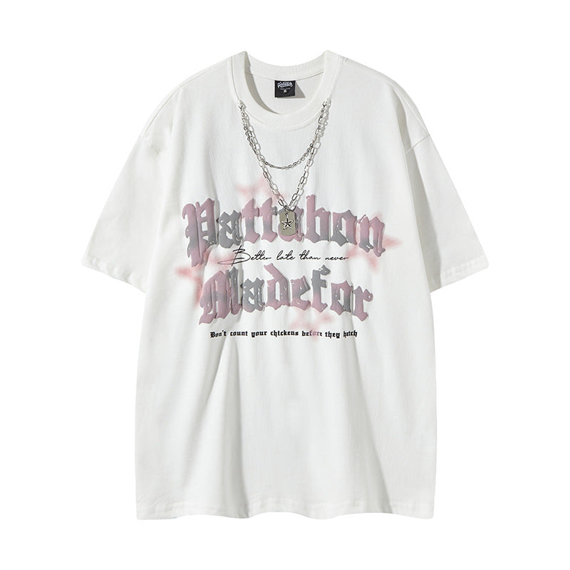Streetwear Bubble Letter Print Loose Short Sleeve T-Shirt for Men and Women Summer Casual Couple Top