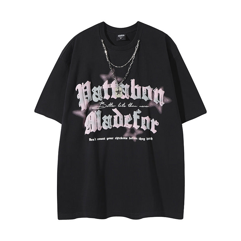 Streetwear Bubble Letter Print Loose Short Sleeve T-Shirt for Men and Women Summer Casual Couple Top