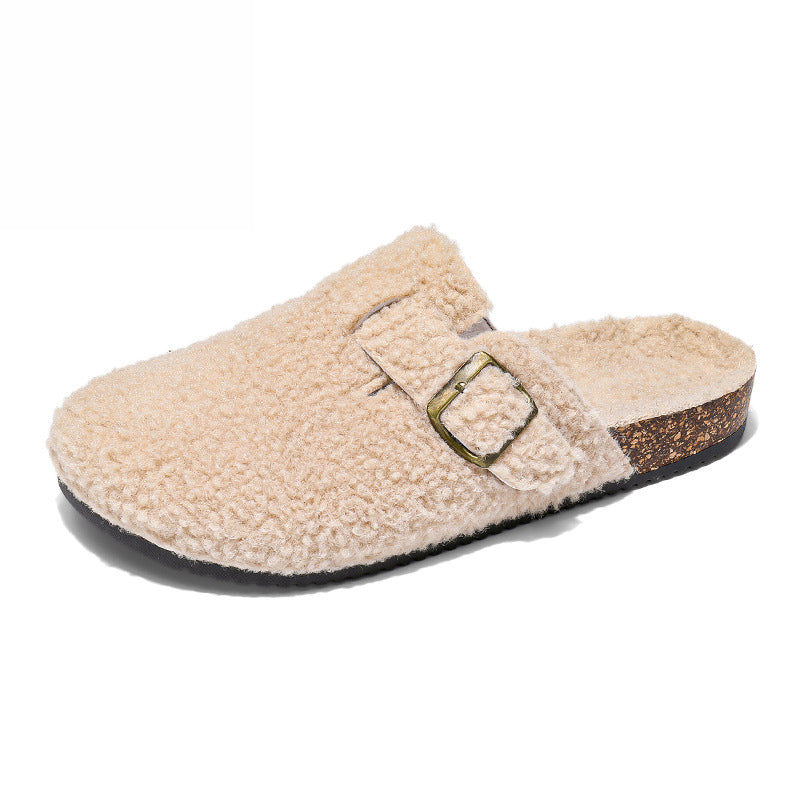 Covered Toe Cotton Slippers Men's Winter Outdoor Wear Fleece Lined Warm Couples' Fuzzy Half Slippers Lazy Birkenstock-Style Couples' Slippers Women's