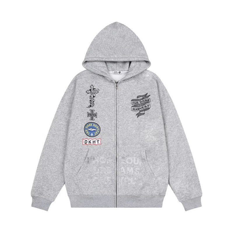 Embroidery Hooded Zip-Up Sweatshirt Unisex Loose Versatile Fleece Lined Jacket Trendy