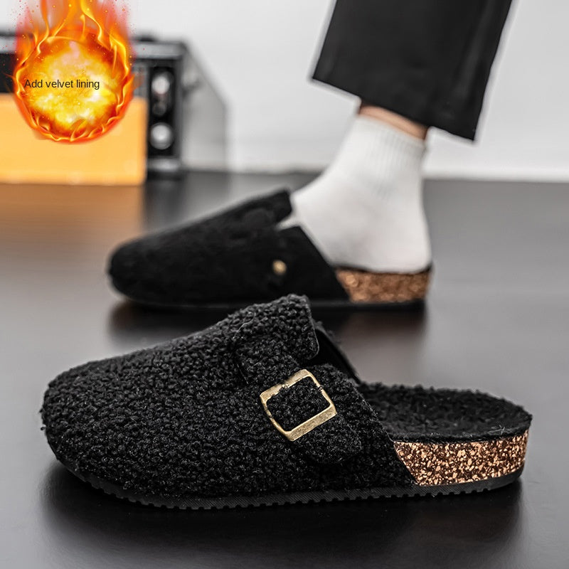 Covered Toe Cotton Slippers Men's Winter Outdoor Wear Fleece Lined Warm Couples' Fuzzy Half Slippers Lazy Birkenstock-Style Couples' Slippers Women's
