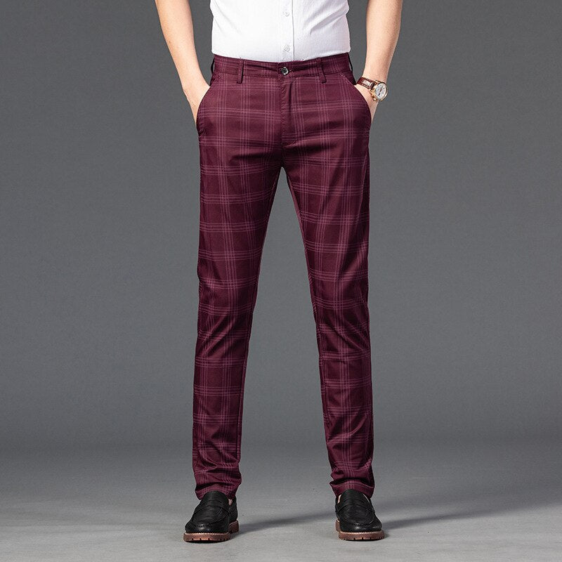 Black Beige Summer Plaid Pants Men Korea Style Regular Fit Office Suit Pants Formal Dress Trousers For Men Wendding