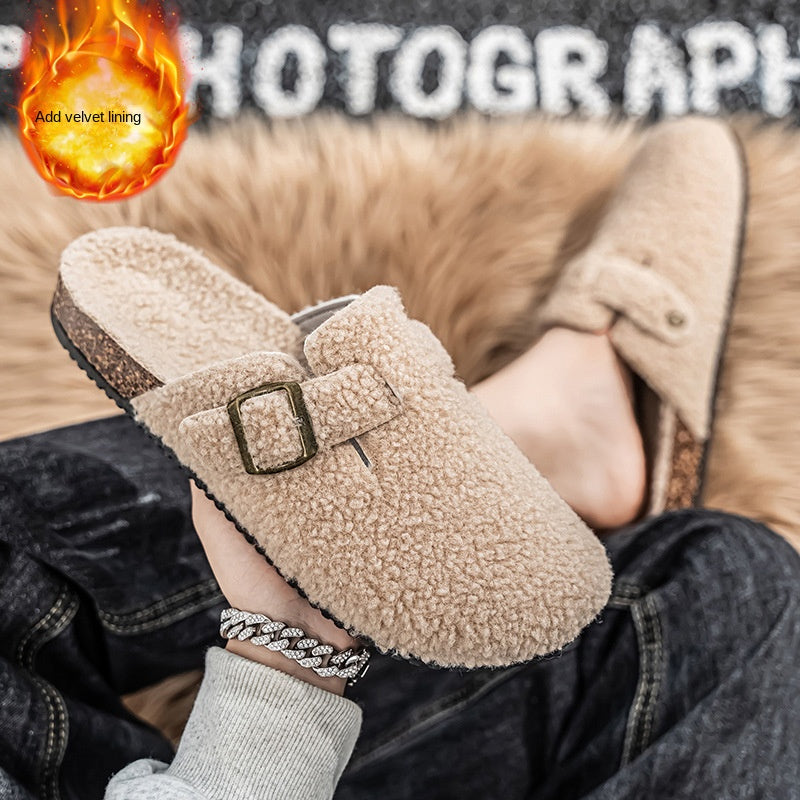 Covered Toe Cotton Slippers Men's Winter Outdoor Wear Fleece Lined Warm Couples' Fuzzy Half Slippers Lazy Birkenstock-Style Couples' Slippers Women's