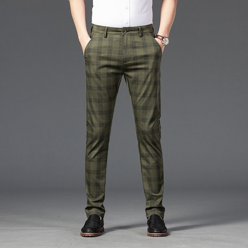 Black Beige Summer Plaid Pants Men Korea Style Regular Fit Office Suit Pants Formal Dress Trousers For Men Wendding