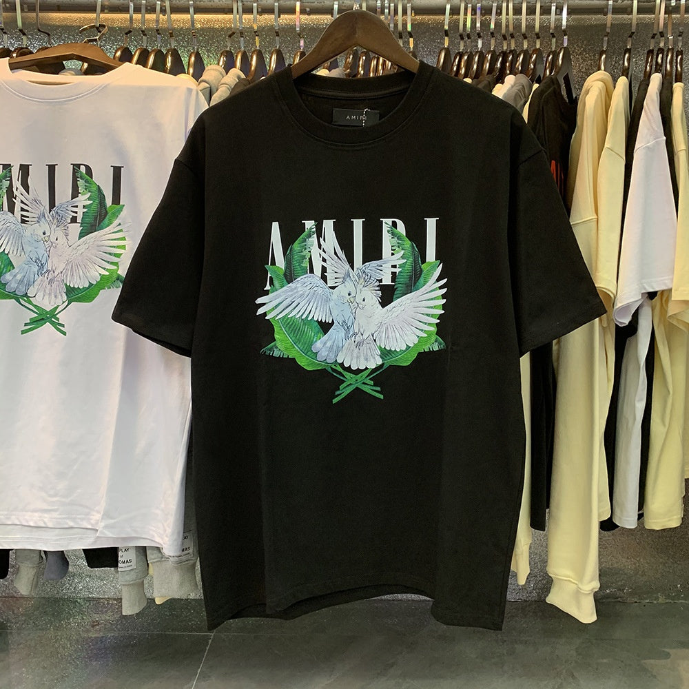 AM1R1 ICON Peace Dove Letter Print Crew Neck Loose Short Sleeve T-Shirt for Men and Women Couples