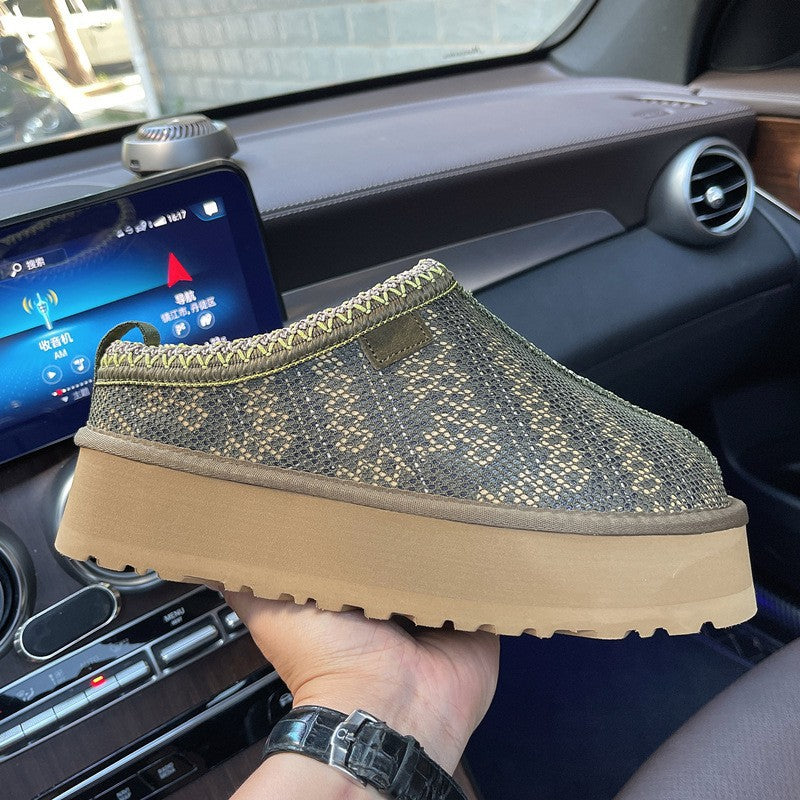 Ethnic Style Woven Chunky Sole Snow Boots for Women, Inner Heel Lift, Faux Fur Lined Cotton Boots, Slip-On, Cowhide Wool Lined, Warm, Anti-Slip