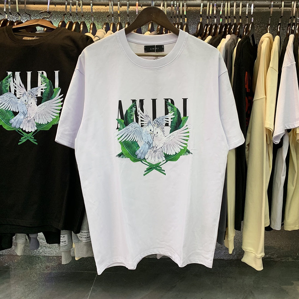 AM1R1 ICON Peace Dove Letter Print Crew Neck Loose Short Sleeve T-Shirt for Men and Women Couples