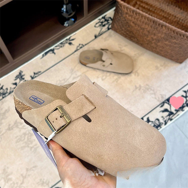 Boken shoes genuine leather with cork and increased height thick soled slippers