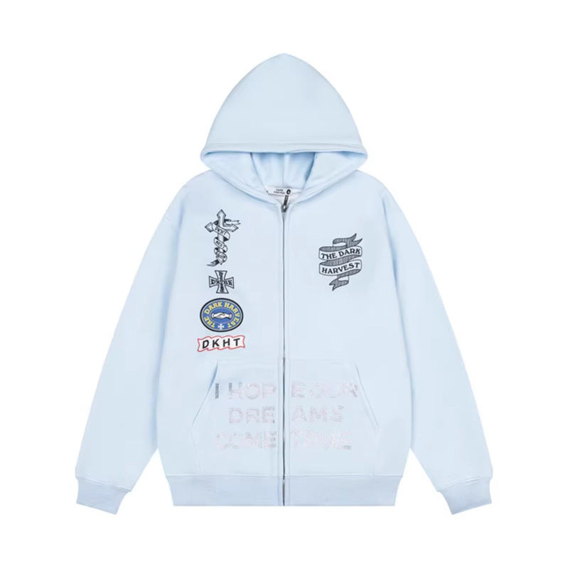 Embroidery Hooded Zip-Up Sweatshirt Unisex Loose Versatile Fleece Lined Jacket Trendy