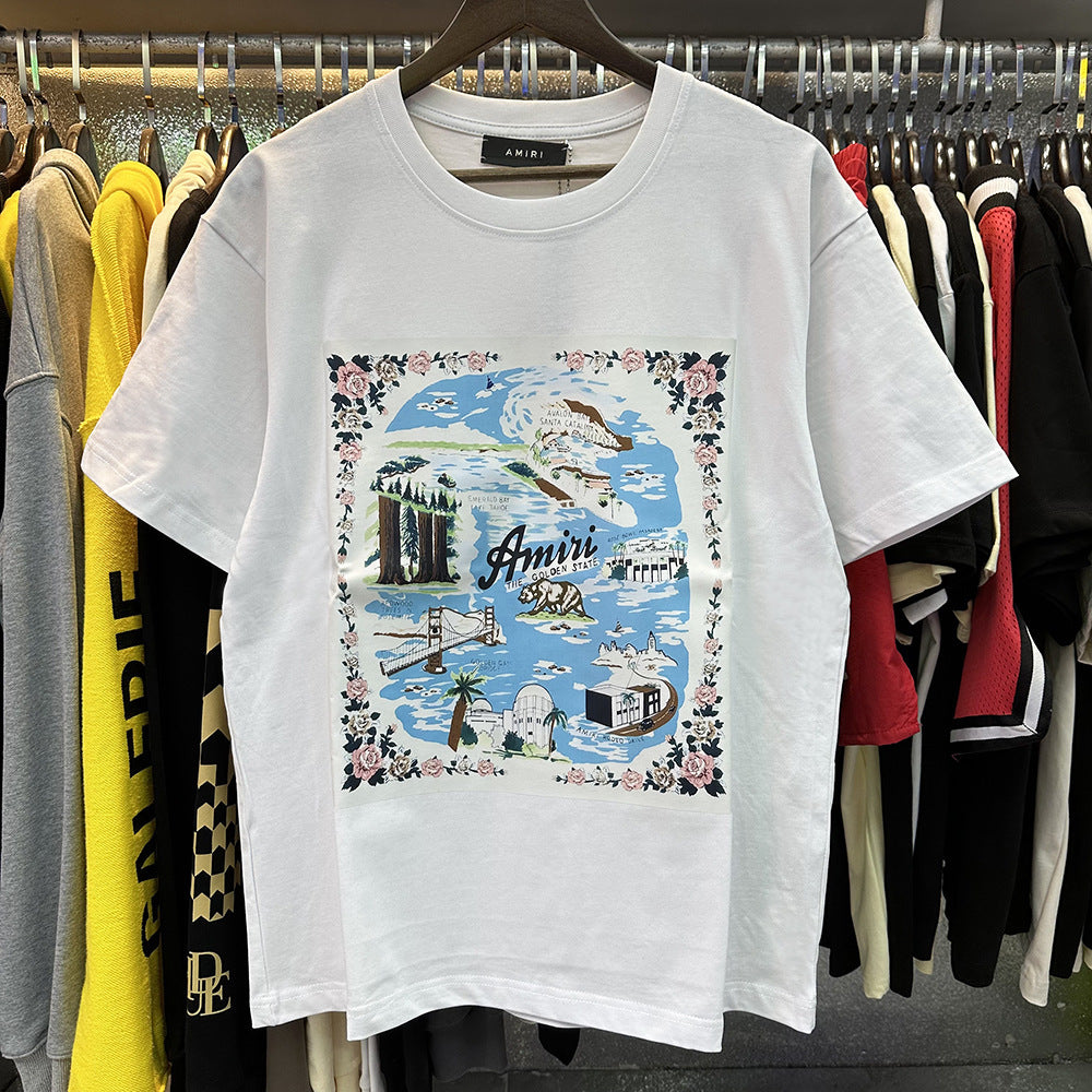 AM1R1 ICON Peace Dove Letter Print Crew Neck Loose Short Sleeve T-Shirt for Men and Women Couples