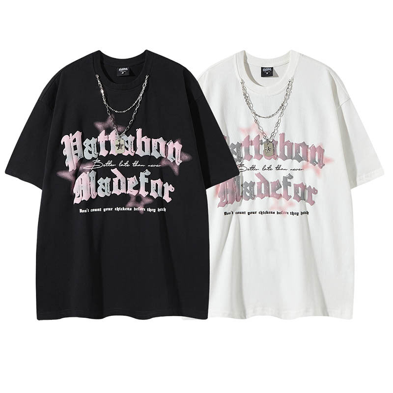 Streetwear Bubble Letter Print Loose Short Sleeve T-Shirt for Men and Women Summer Casual Couple Top