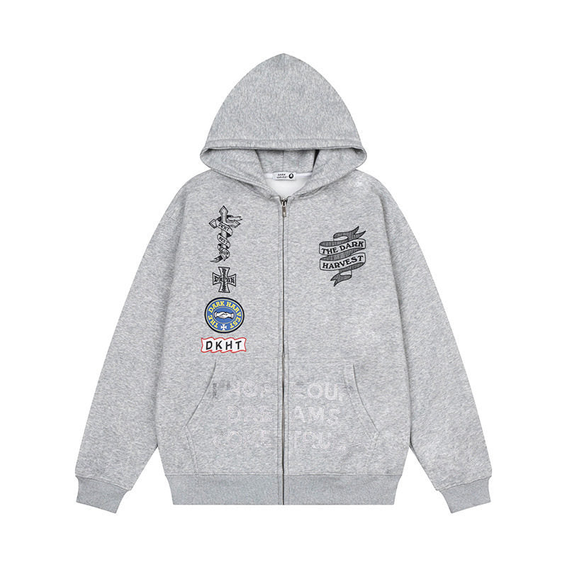 Embroidery Hooded Zip-Up Sweatshirt Unisex Loose Versatile Fleece Lined Jacket Trendy