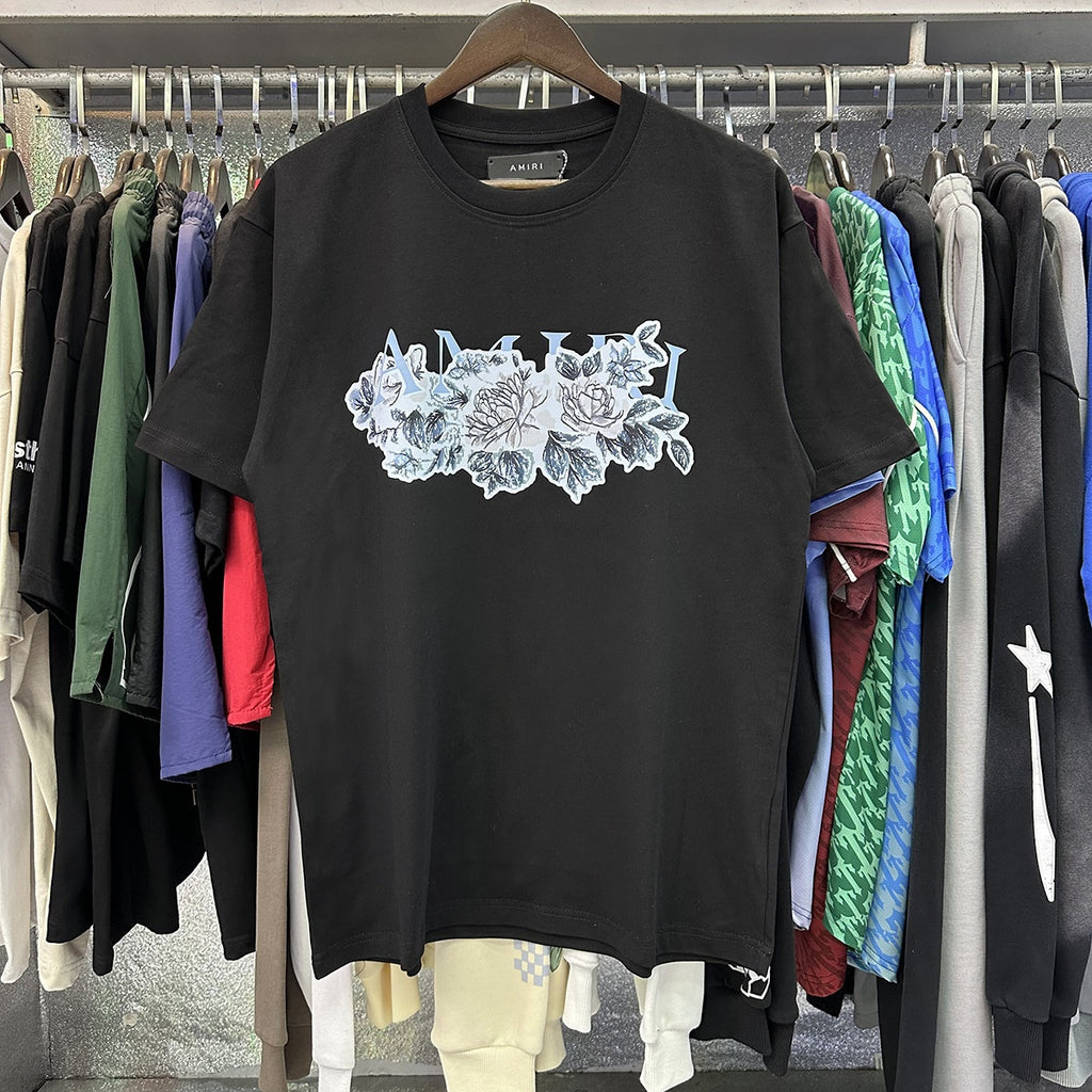 AM1R1 ICON Peace Dove Letter Print Crew Neck Loose Short Sleeve T-Shirt for Men and Women Couples