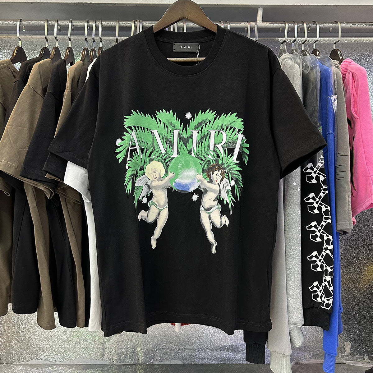 AM1R1 ICON Peace Dove Letter Print Crew Neck Loose Short Sleeve T-Shirt for Men and Women Couples