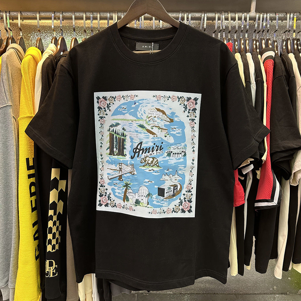 AM1R1 ICON Peace Dove Letter Print Crew Neck Loose Short Sleeve T-Shirt for Men and Women Couples