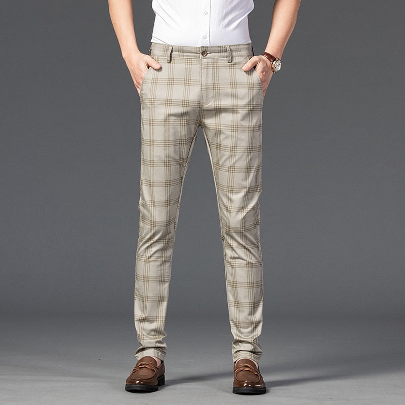 Black Beige Summer Plaid Pants Men Korea Style Regular Fit Office Suit Pants Formal Dress Trousers For Men Wendding
