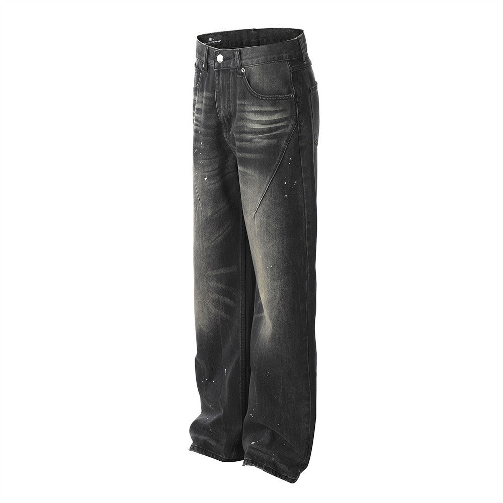 Vintage Washed Distressed Loose Fit Denim Trousers with Ripple Splash Ink Design Wide Leg Straight Pants for Men