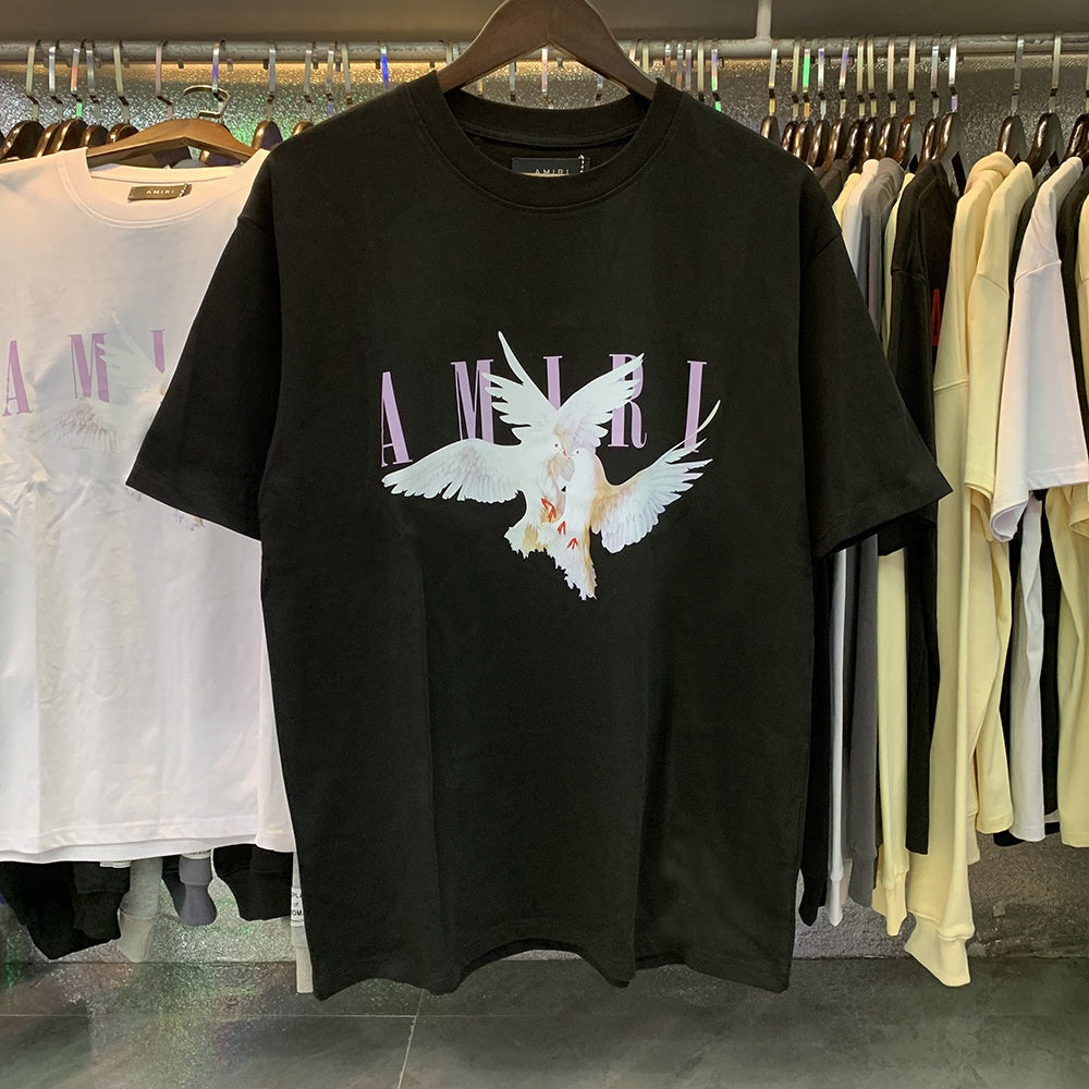 AM1R1 ICON Peace Dove Letter Print Crew Neck Loose Short Sleeve T-Shirt for Men and Women Couples