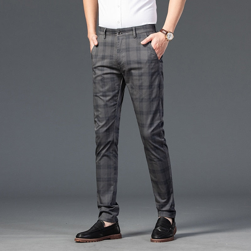 Black Beige Summer Plaid Pants Men Korea Style Regular Fit Office Suit Pants Formal Dress Trousers For Men Wendding