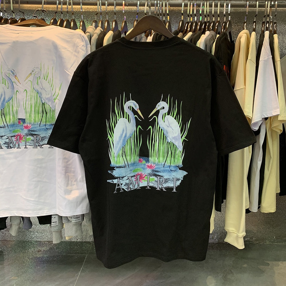 AM1R1 ICON Peace Dove Letter Print Crew Neck Loose Short Sleeve T-Shirt for Men and Women Couples