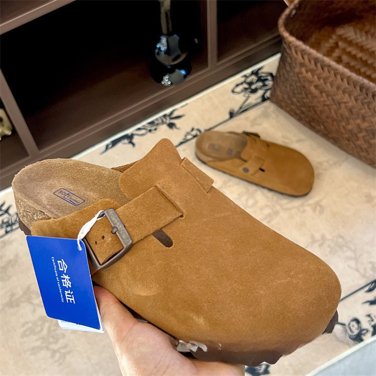 Boken shoes genuine leather with cork and increased height thick soled slippers