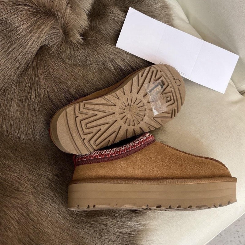 Ethnic Style Woven Chunky Sole Snow Boots for Women, Inner Heel Lift, Faux Fur Lined Cotton Boots, Slip-On, Cowhide Wool Lined, Warm, Anti-Slip