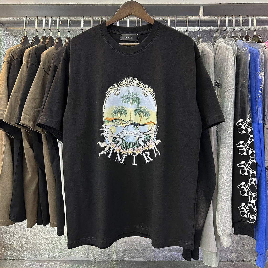 AM1R1 ICON Peace Dove Letter Print Crew Neck Loose Short Sleeve T-Shirt for Men and Women Couples