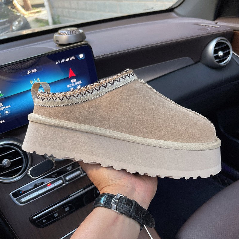 Ethnic Style Woven Chunky Sole Snow Boots for Women, Inner Heel Lift, Faux Fur Lined Cotton Boots, Slip-On, Cowhide Wool Lined, Warm, Anti-Slip