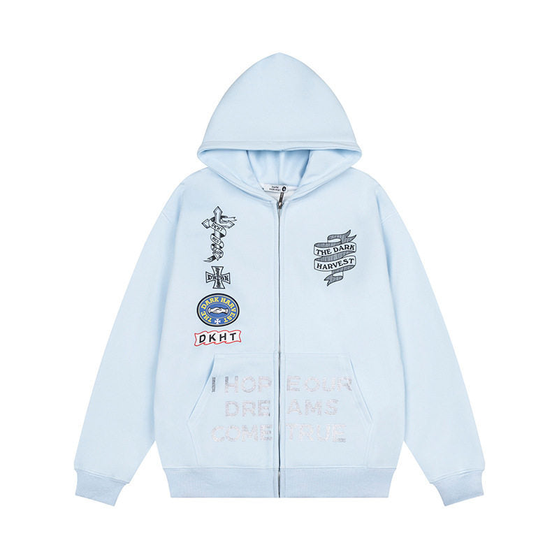 Embroidery Hooded Zip-Up Sweatshirt Unisex Loose Versatile Fleece Lined Jacket Trendy