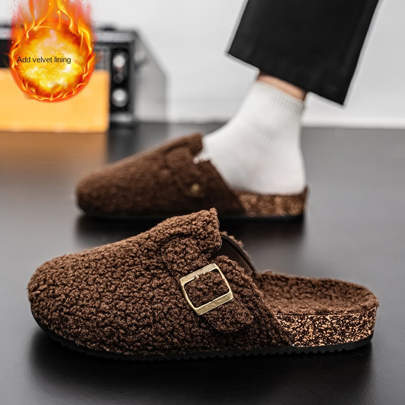 Covered Toe Cotton Slippers Men's Winter Outdoor Wear Fleece Lined Warm Couples' Fuzzy Half Slippers Lazy Birkenstock-Style Couples' Slippers Women's