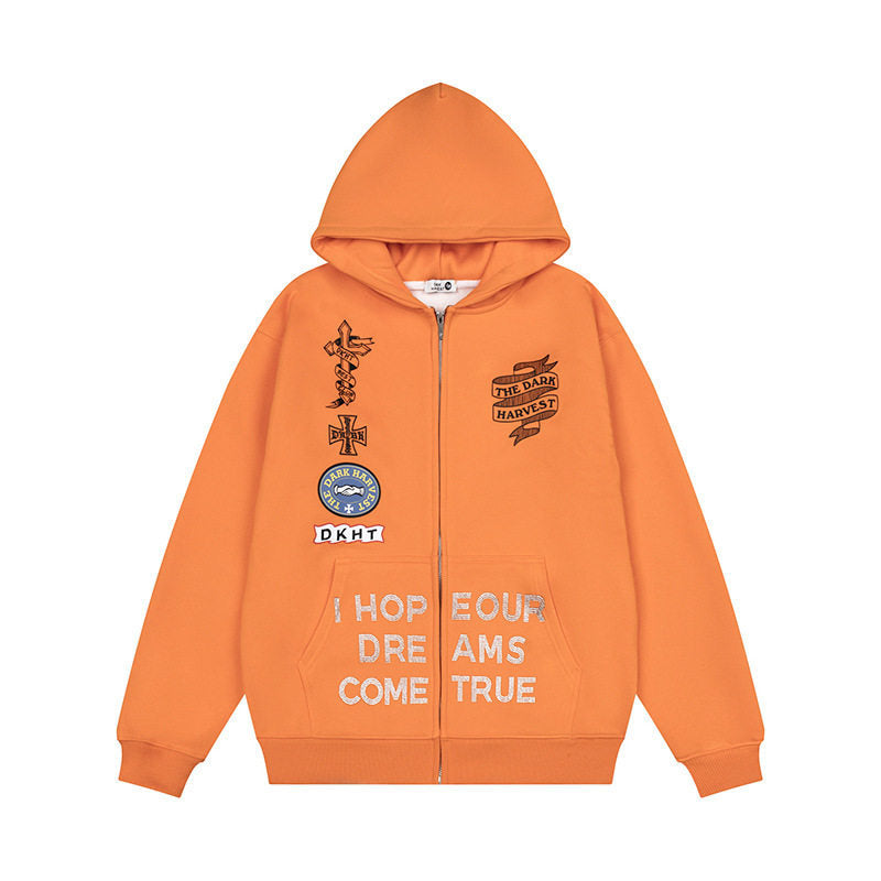 Embroidery Hooded Zip-Up Sweatshirt Unisex Loose Versatile Fleece Lined Jacket Trendy